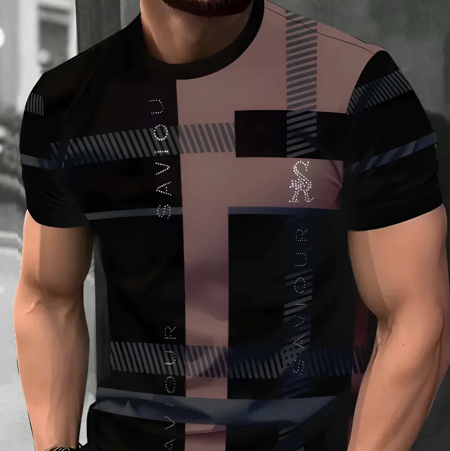 Men's loose fit digital printed T-shirt with striped pattern and short sleeves