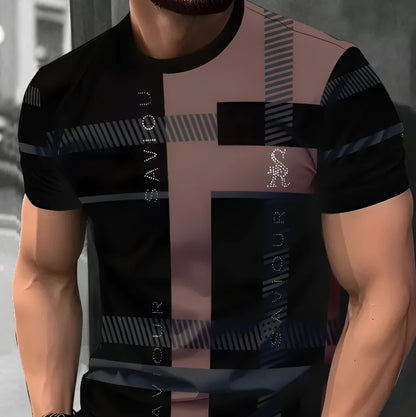 Men's loose fit digital printed T-shirt with striped pattern and short sleeves