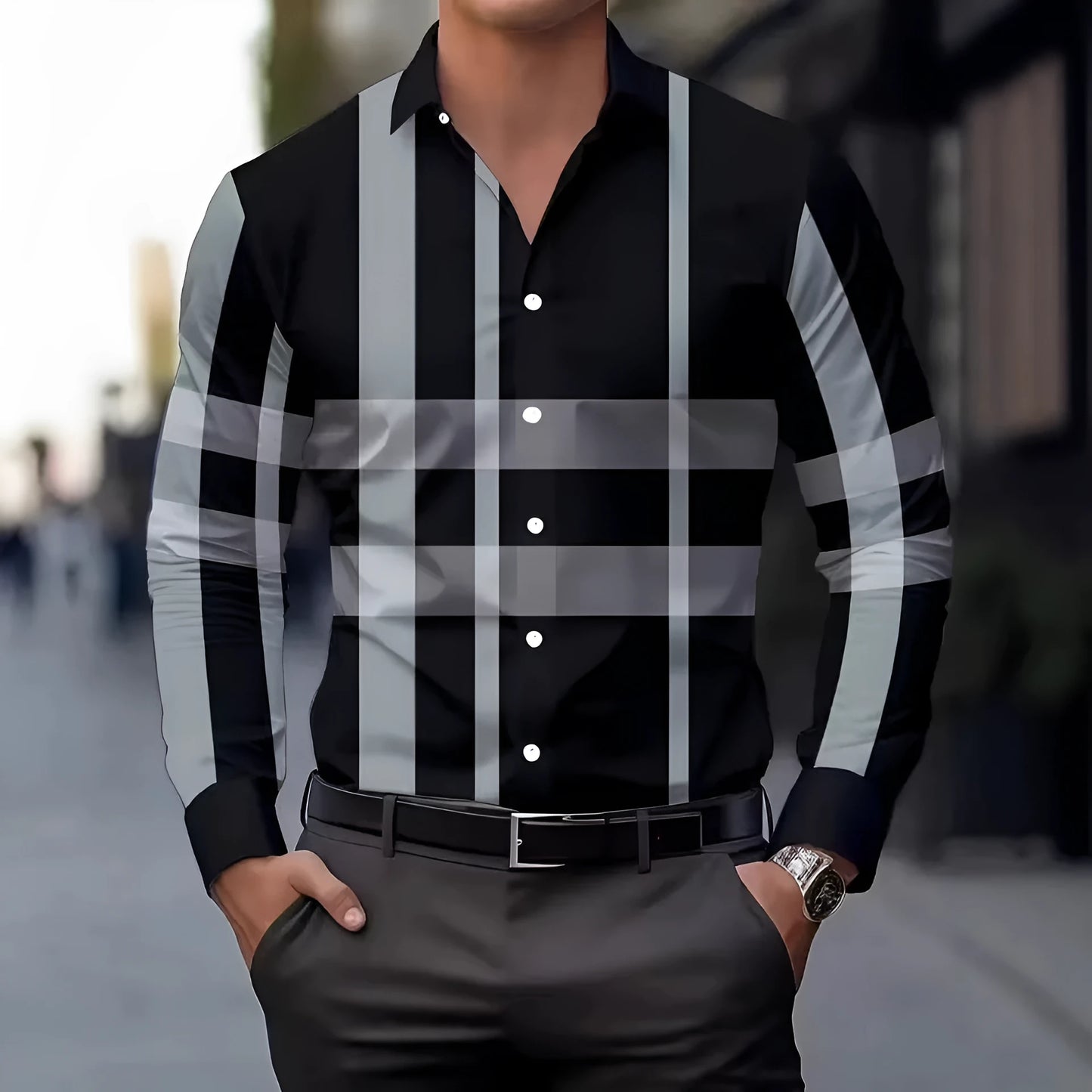 Man's striped long sleeve shirt with button lapel in polyester fabric