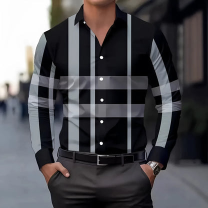 Man's striped long sleeve shirt with button lapel in polyester fabric