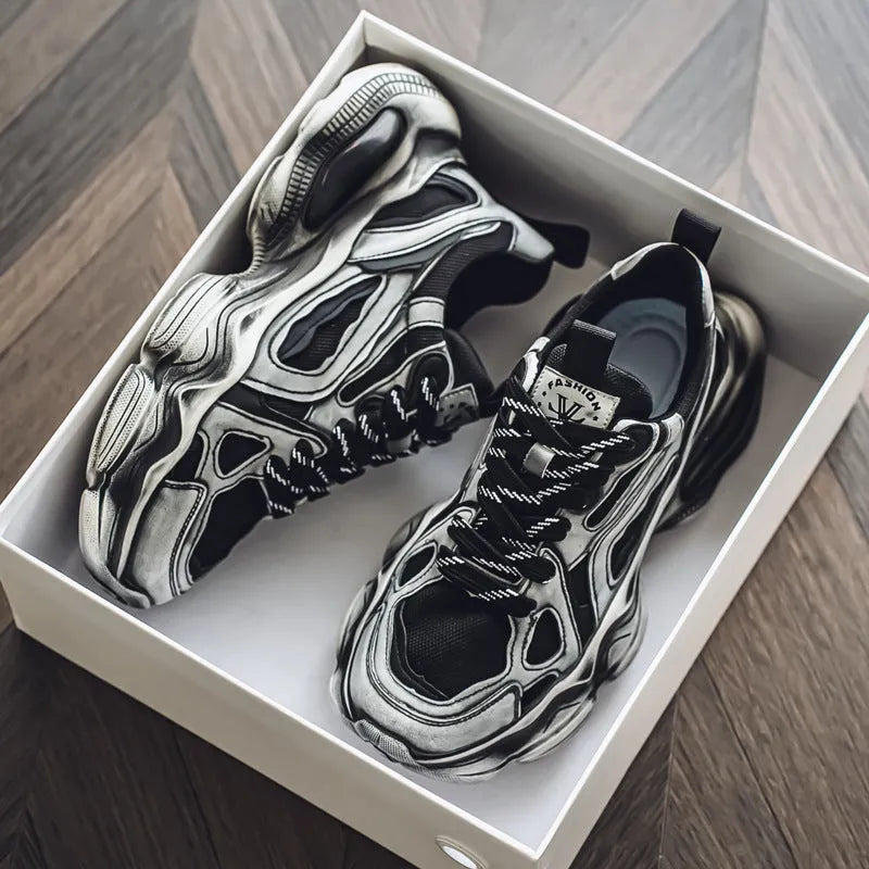 Men's black mesh sneakers with 3-5cm platform heel, round toe, and lace-up front for sports