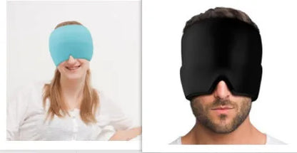 Black elastic cloth gel cold compress eye mask for headache relief on a grey background.