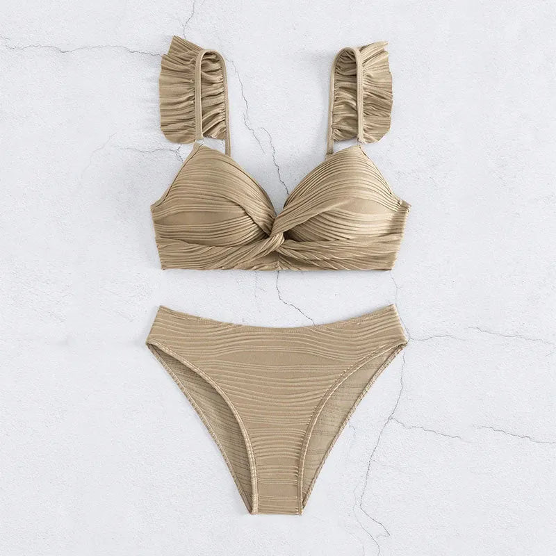 Women's solid colour bikini swimsuit set in black or khaki