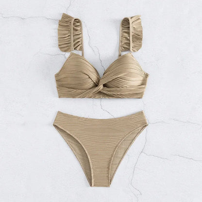 Women's solid colour bikini swimsuit set in black or khaki