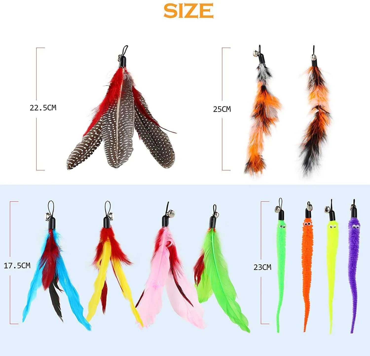 Handheld cat teaser fishing rod with colourful feather head attached to a 50cm long pole