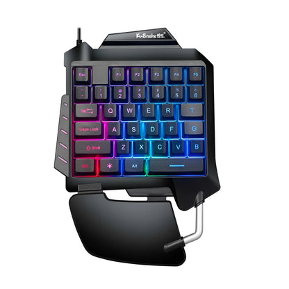 Black one-handed gaming keyboard with left-hand controls and integrated throne converter for desktop PC