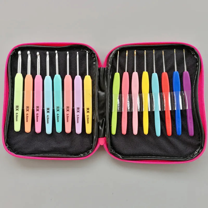 Set of 16 crochet hooks with thick and thin handles in storage bag, sizes 1.0mm to 6.0mm