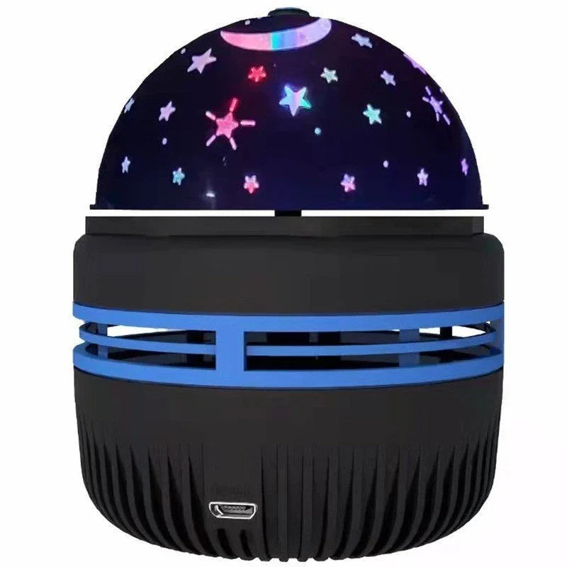 LED Galaxy Star Projector with rotating color-changing display, creating a soothing starry night effect in a bedroom