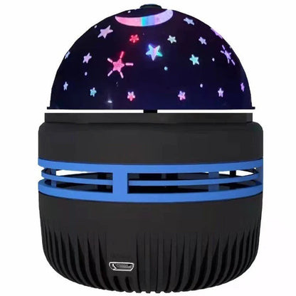 LED Galaxy Star Projector with rotating color-changing display, creating a soothing starry night effect in a bedroom