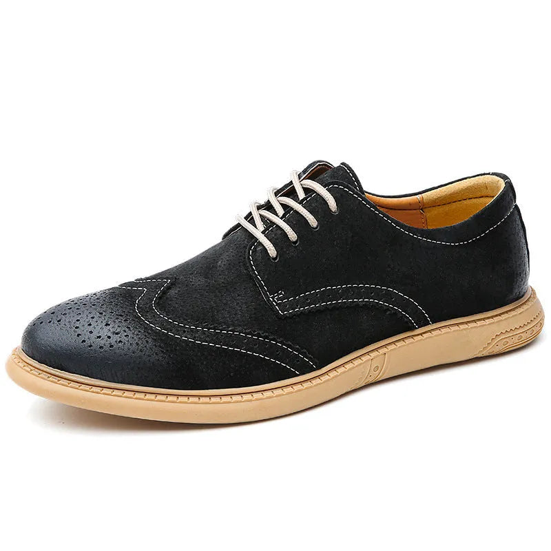 Men's black leather lace-up business shoes with a low top and rubber sole.