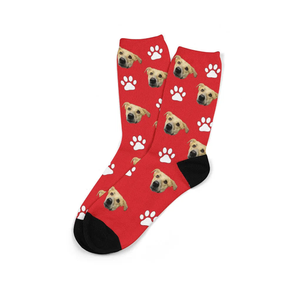 Custom printed mid-calf tube sock with a cartoon pattern from a personal photo.
