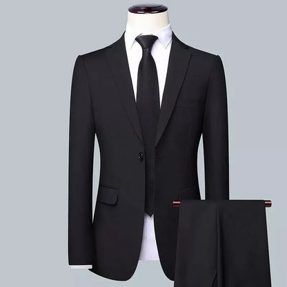 Men's Korean-style slim fit three-piece business suit in chemical fibre blend with tie
