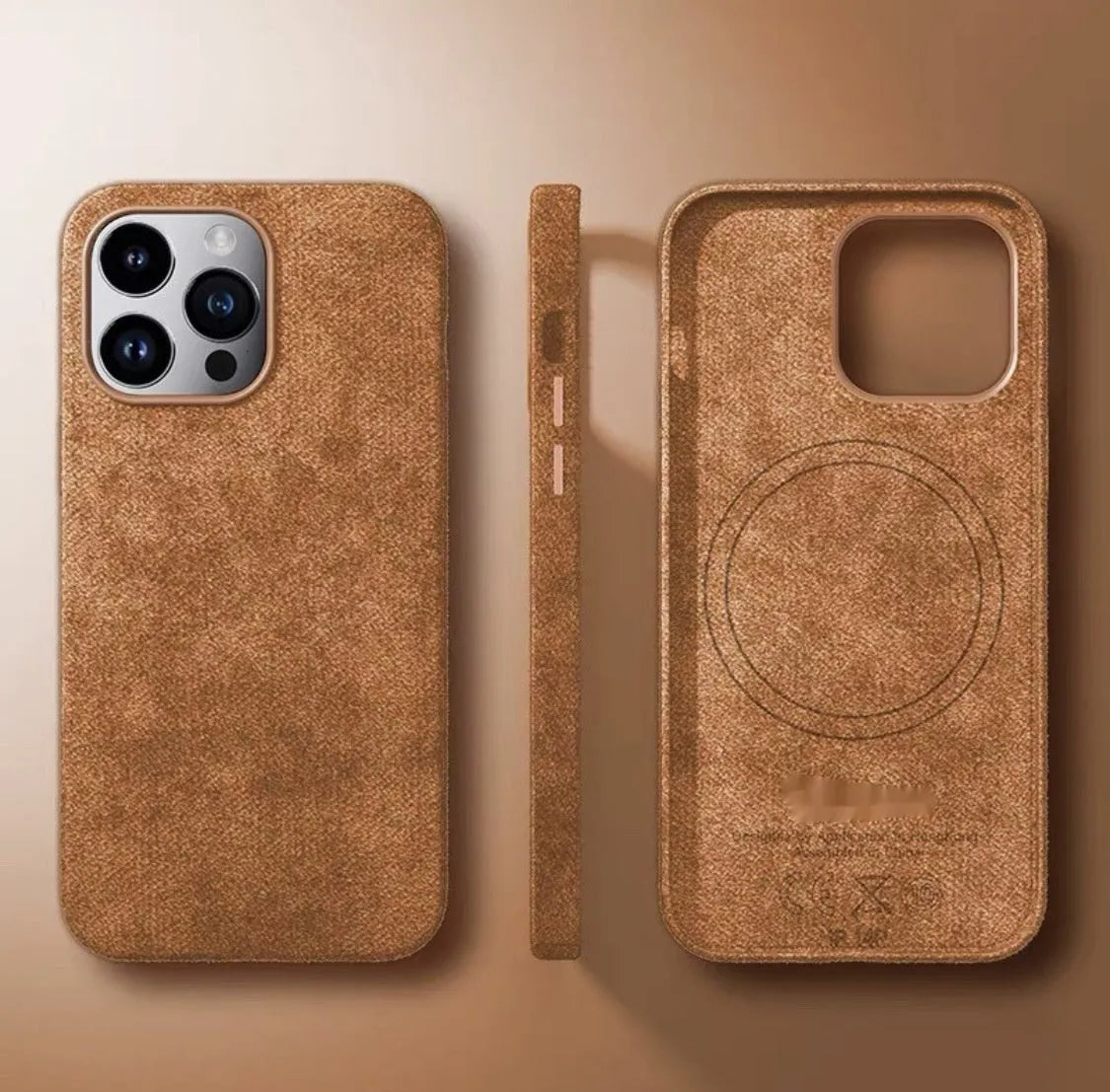 Alcantara suede magnetic phone case for Apple iPhone in black, showing frosted finish and anti-fall design.
