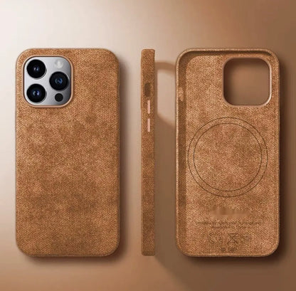 Alcantara suede magnetic phone case for Apple iPhone in black, showing frosted finish and anti-fall design.