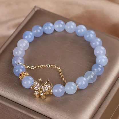 Sky blue aquamarine butterfly crystal bracelet for women with pearl accents and rhinestones