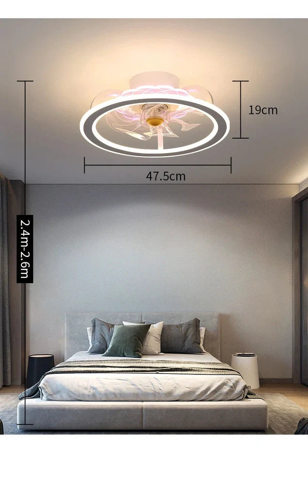 Modern bedroom ceiling fan lamp in white circle with metal blades and Yake shade, 80cm diameter for 220V use