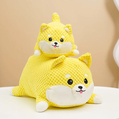 Bite-resistant plush dog toy in pillow shape with squeaker for calming and teething support