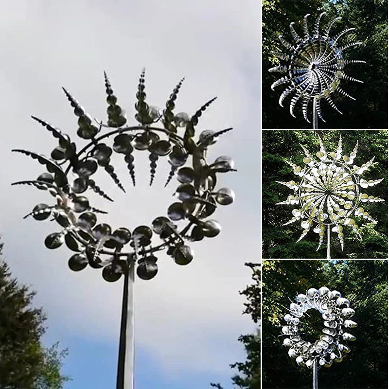 Elegant stainless steel outdoor windmill spinner with dual-layered blades rotating in opposite directions, creating a mesmerising display in the garden