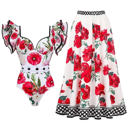 Women's printed one-piece swimsuit in rose pink on a mannequin.