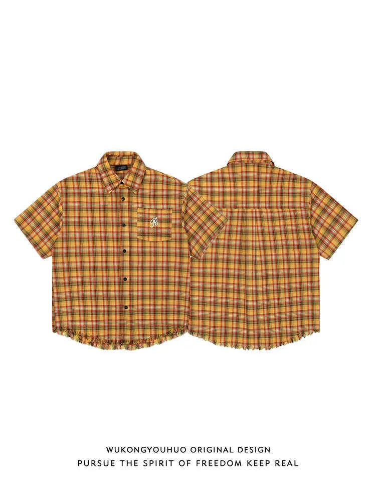 Yellow grid pattern short sleeve plaid shirt with embroidered pocket, loose fit casual shirt
