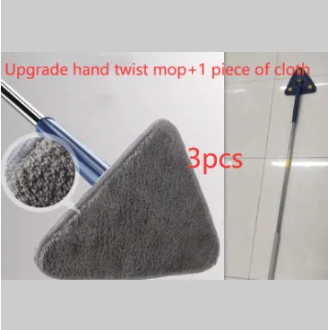 Blue extendable triangle cleaning mop with rotating head on a stainless steel pole.