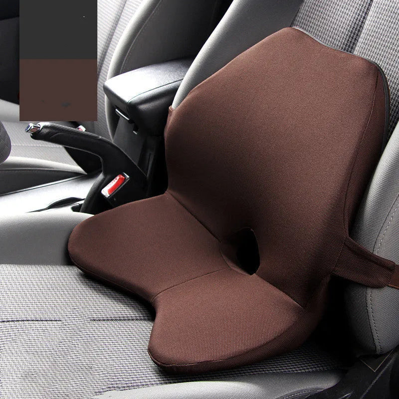 Black memory cotton car seat cushion with lumbar support and integrated headrest on a car seat.