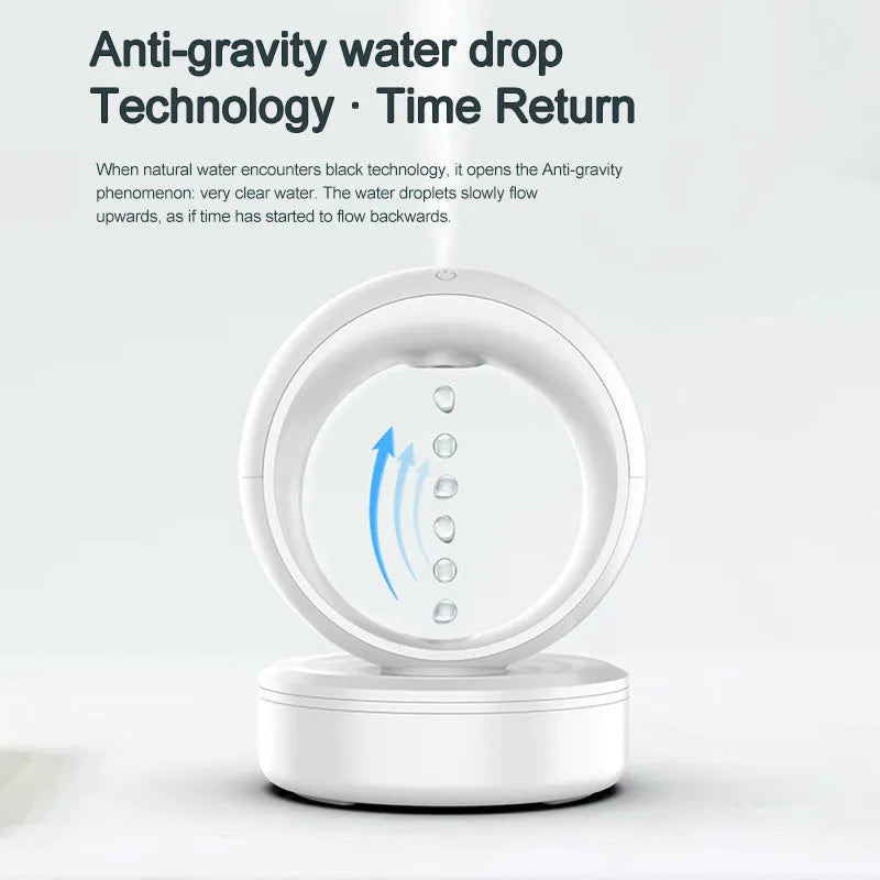 White round anti-gravity desk humidifier showing levitating water droplet effect with USB connection