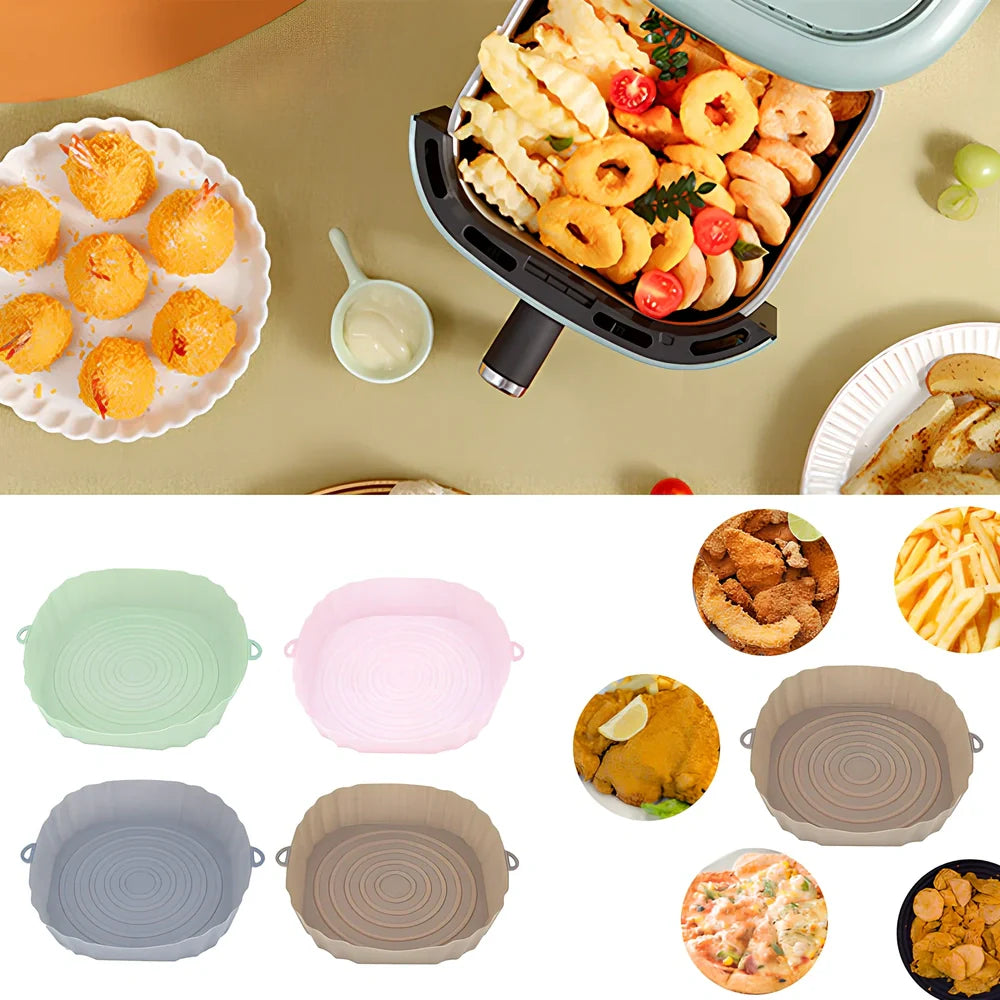Silicone air fryer baking tray with 4.5cm depth in light grey, pink, brown or green