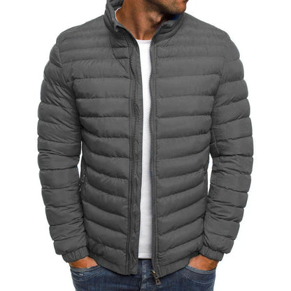 Men's insulated jacket in various solid colors with zipper closure, long sleeves, and pockets