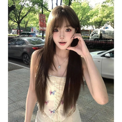 Black-brown high-temperature fibre women's wig with wig stand and styling accessories