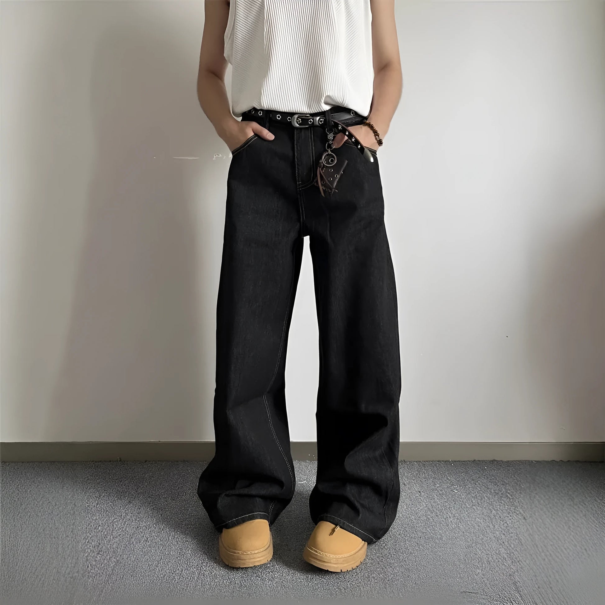 Black retro loose wide-leg jeans with straight-leg design and mid-rise waist