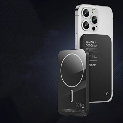 Black and titanium gold magnetic wireless alloy power bank showing capacity options.