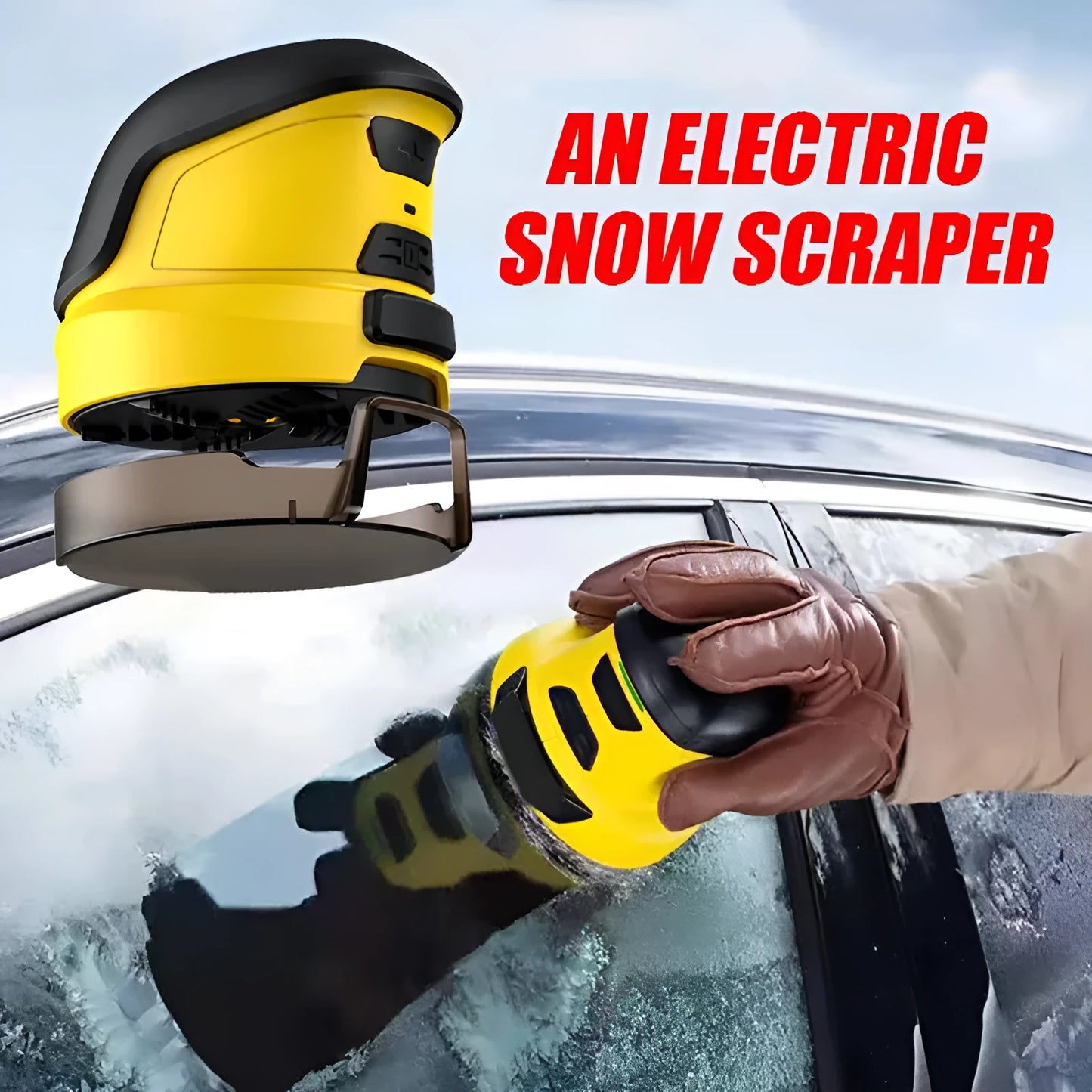 Yellow cordless electric snow scraper with USB charging cable for car window ice removal