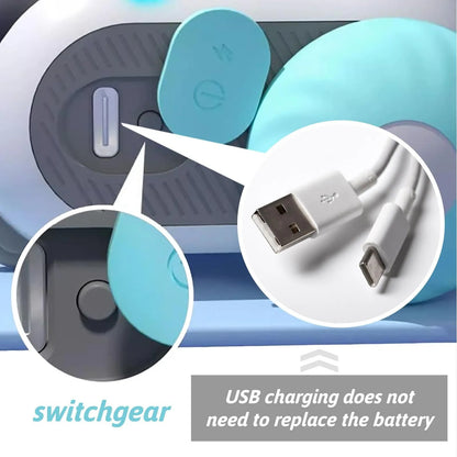 Blue remote control cat toy car with feather teaser on plastic chassis showing USB charging port