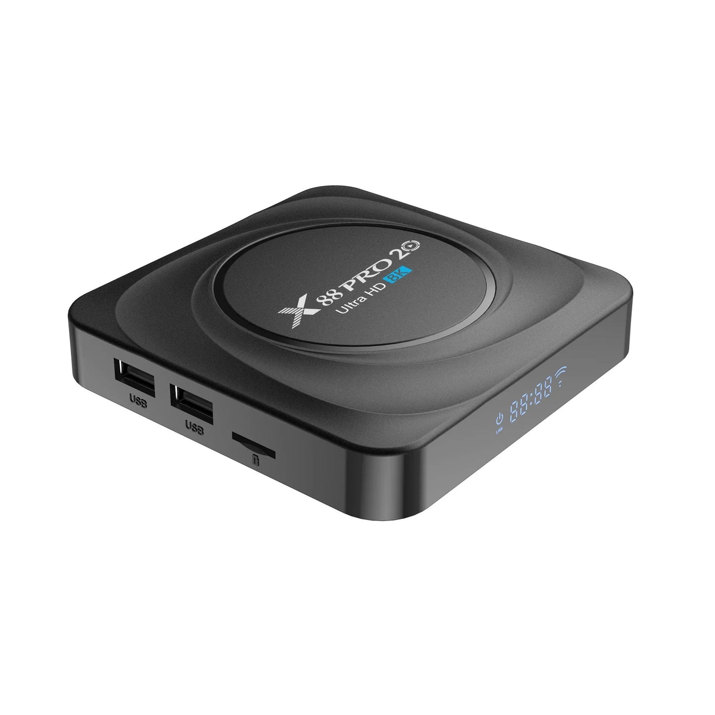 Compact black Android TV set-top box with HDMI port, remote control, and power cable.