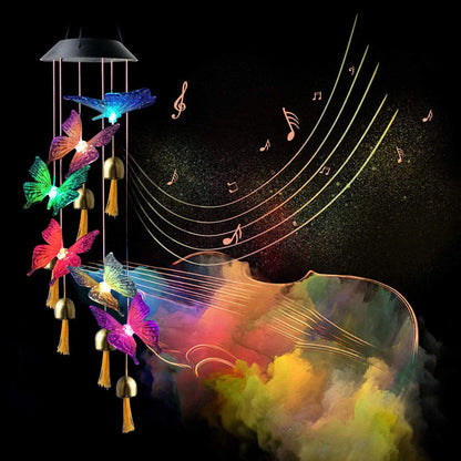 Color-changing solar-powered outdoor wind chime with hummingbird and butterfly design for patio, yard, and garden decor