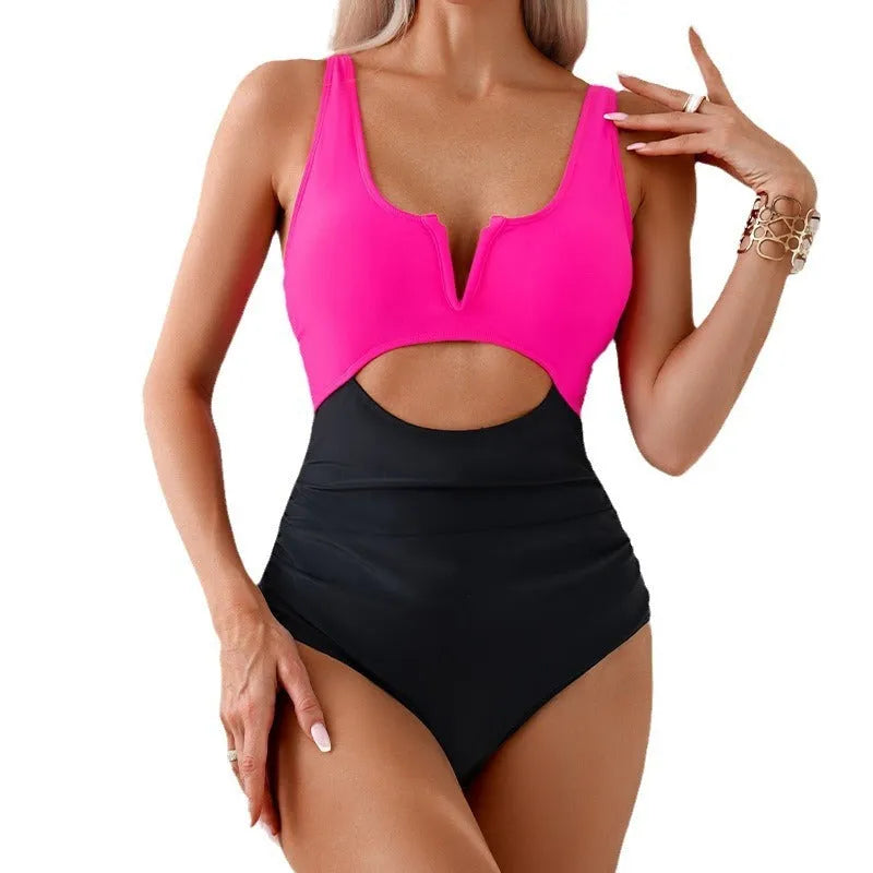 Women's contrast colour one-piece swimsuit in nylon fabric available in green, black, dark pink, and brown