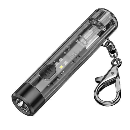 Black plastic USB rechargeable handheld flashlight with charging cable.