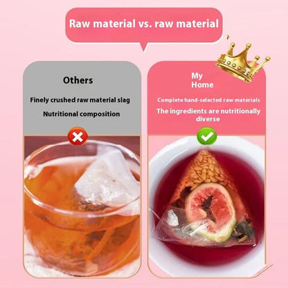 Flaxseed fig mulberry herbal tea sachets with black wolfberry in packaging with free travel cup