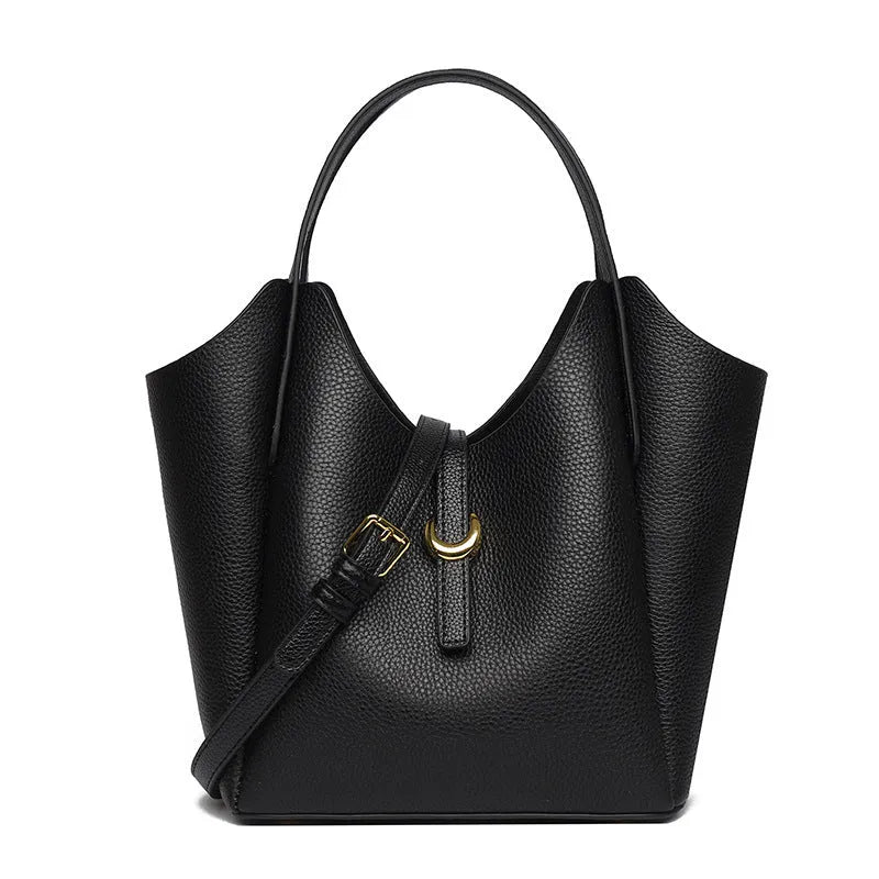 Genuine cowhide leather women's bucket bag in retro style with contrast stitching.