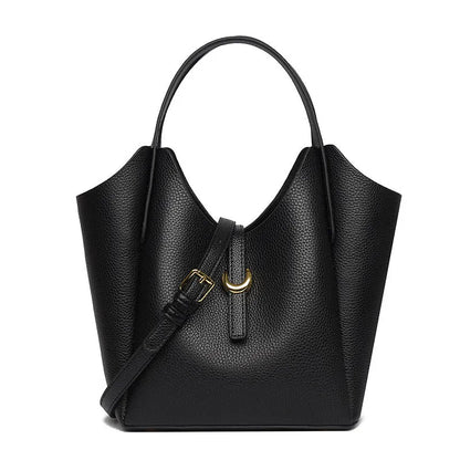 Genuine cowhide leather women's bucket bag in retro style with contrast stitching.