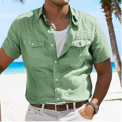Men's loose cotton cardigan shirt with polo collar in solid colour options