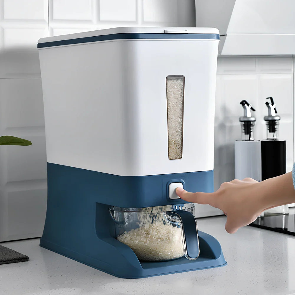 Automatic kitchen rice bucket with push-button portion control and transparent viewing window