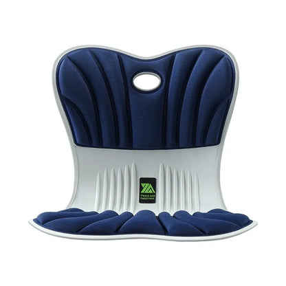 Ergonomic waist support seat cushion in grey, shown on an office chair.