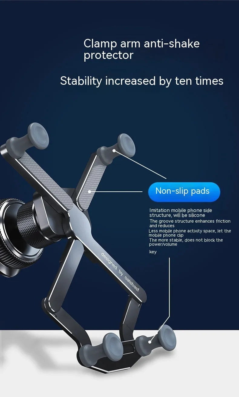 Aluminium alloy car mobile phone holder showing snap-on air vent clip and adhesive dashboard mount versions in black colour.