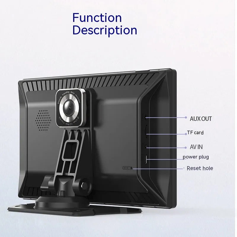 9-inch CarPlay driving recorder with touch screen display showing navigation and dual lens recording system