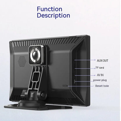 9-inch CarPlay driving recorder with touch screen display showing navigation and dual lens recording system