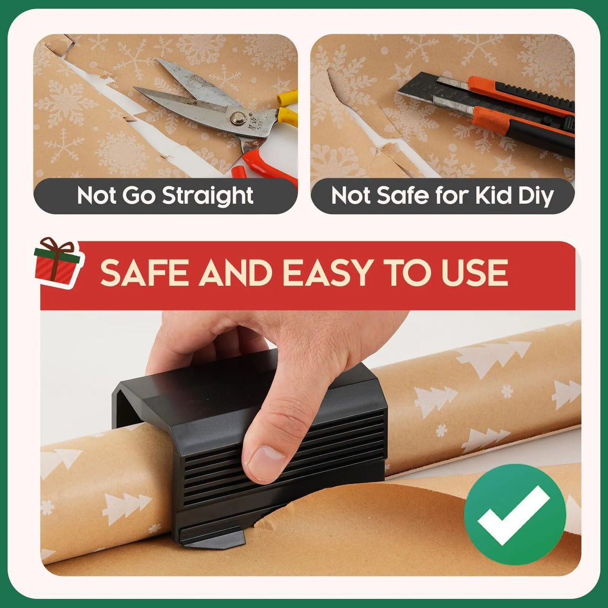 Plastic roll paper cutter in black, red, or green colours with injection-moulded construction