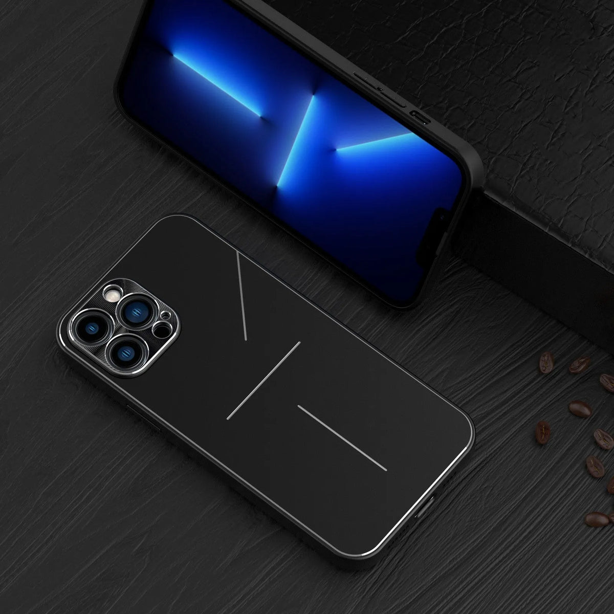 Metal frosted iPhone case with aluminium alloy and TPU back cover, shown in Black, Blue, Rose Gold and Silver.