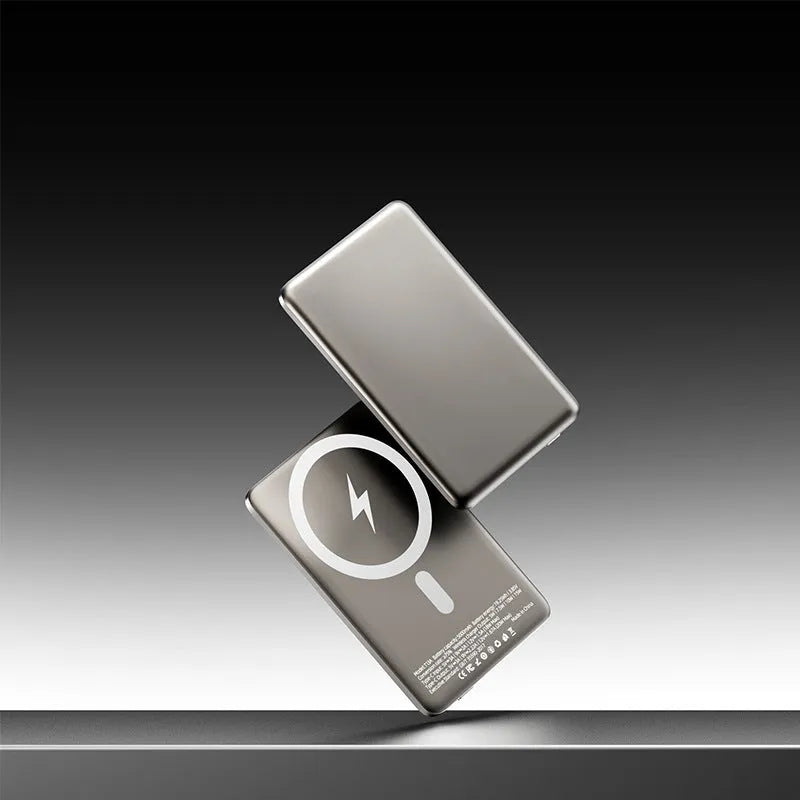 Gun grey magnetic wireless power bank with ultra-thin 9mm alloy design showing dimensions